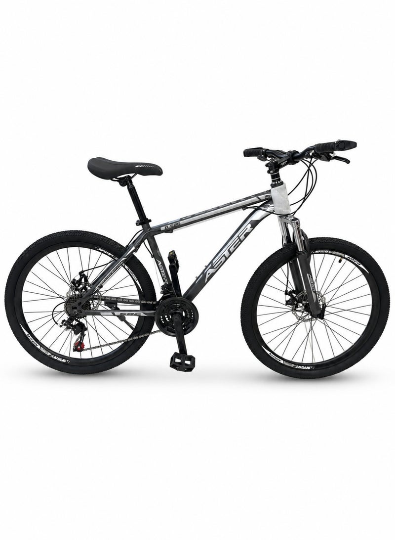 Aster 26 Inch Mountain Bike with 21-Speed Gear, Front Suspension, Front and Rear Mechanical Disc Brakes, Treaded Tyres and Kickstand for Men and Women, Grey - Image 1