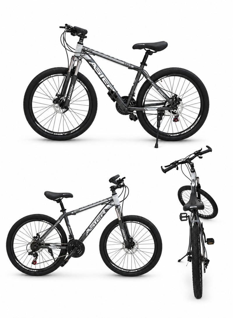 Aster 26 Inch Mountain Bike with 21-Speed Gear, Front Suspension, Front and Rear Mechanical Disc Brakes, Treaded Tyres and Kickstand for Men and Women, Grey - Image 2