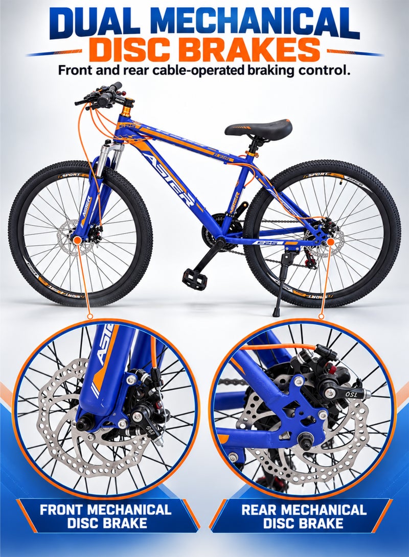 Aster 26 Inch Mountain Bike with 21-Speed Gear, Front Suspension, Front and Rear Mechanical Disc Brakes, Treaded Tyres and Kickstand for Men and Women, Grey - Image 5