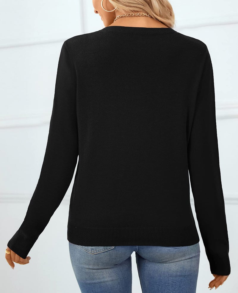 QUALFORT Sweaters for Women 100% Cotton Sweater V Neck Long Sleeve Knitted Jumper Tops Black Large - Image 3