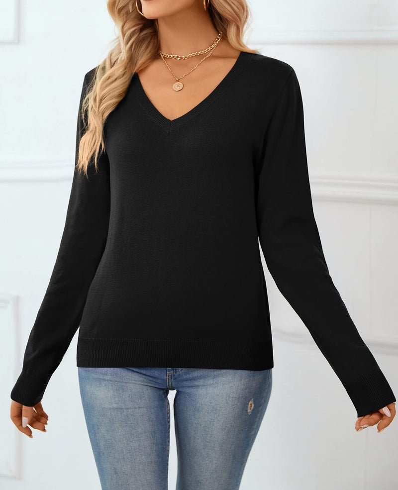 QUALFORT Sweaters for Women 100% Cotton Sweater V Neck Long Sleeve Knitted Jumper Tops Black Large - Image 5