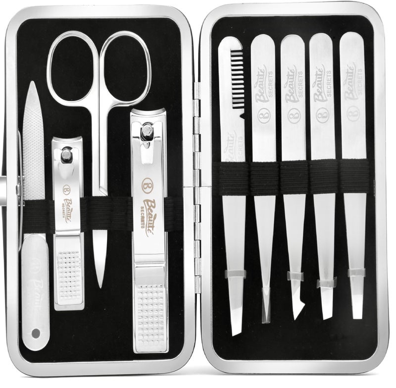 Beauté Secrets 9-in-1 Tweezers & Nail Cutter Set for Men & Women | Plucker for Hair Removal | Eyebrow Tweezers, Nail File, Scissors & Travel Case – Manicure Pedicure Grooming Set - Image 1