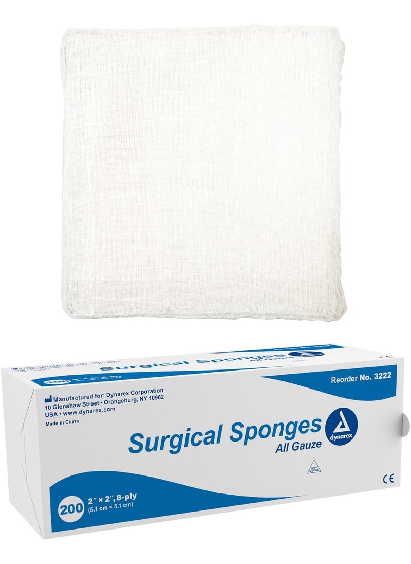 Dynarex Dynarex Surgical Gauze Sponges Absorbent Cotton Fabric With Folded Edges  Soft Durable NonSterile Dressing  2x2 8Ply  Sleeve of 200 Sponges  - Image 1