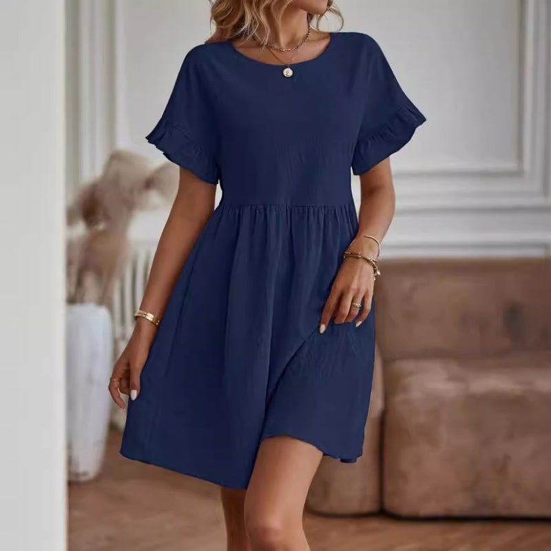 Women's Cotton-Linen Round Neck Loose A-Line Dress - Image 3