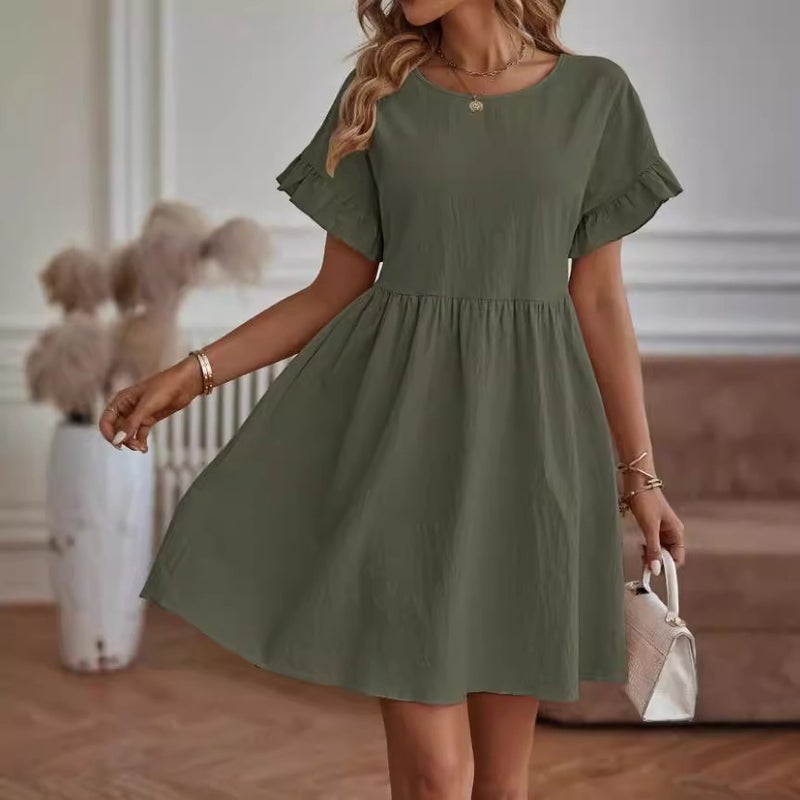 Women's Cotton-Linen Round Neck Loose A-Line Dress - Image 1