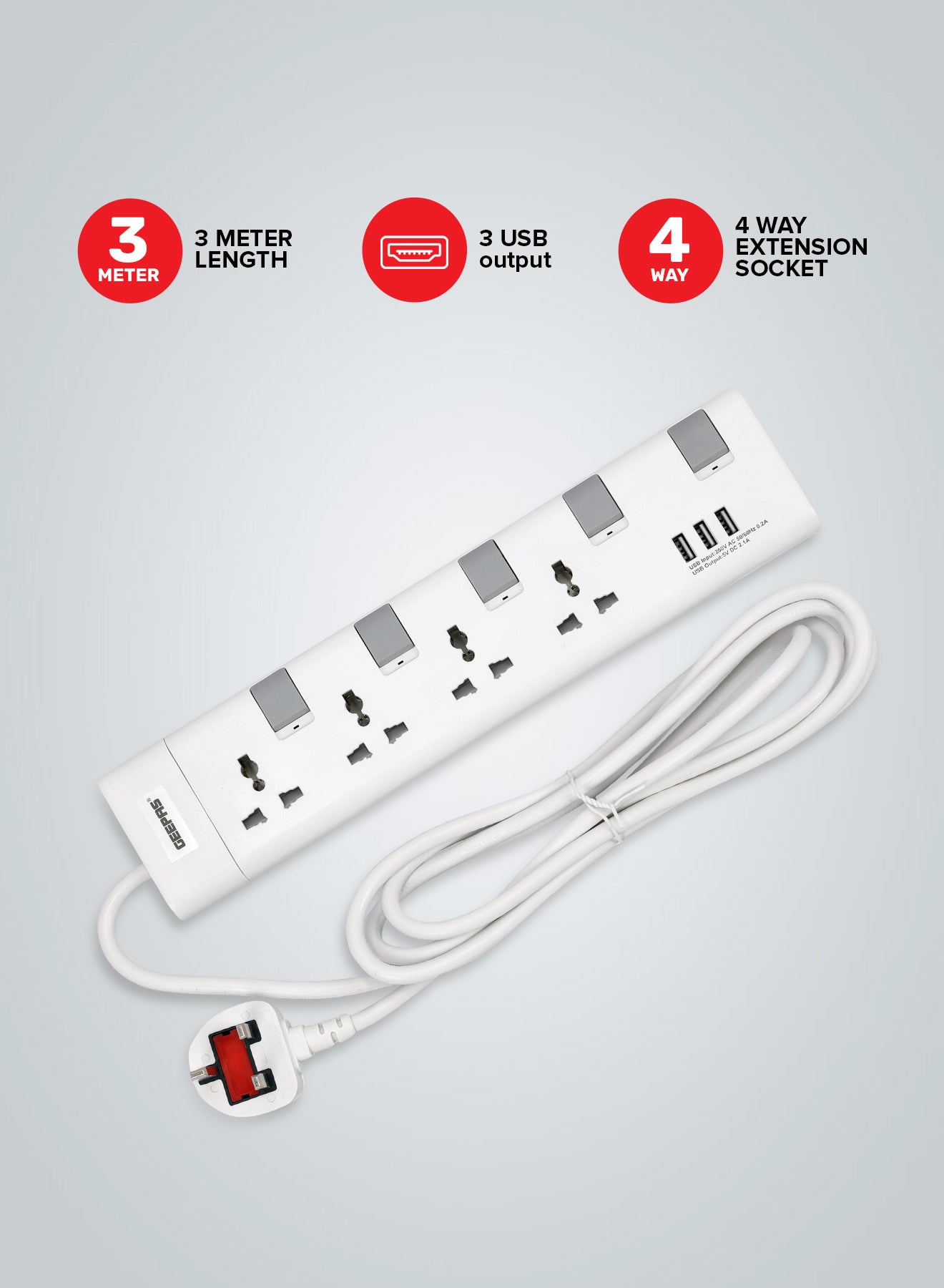 Extension Socket, 4 Ways, 3m Cord Length, GES4095 | Power Extension Socket | Multi Plug Power Cable | High Quality, Heavy Duty Power Switch White/Red 42cm
