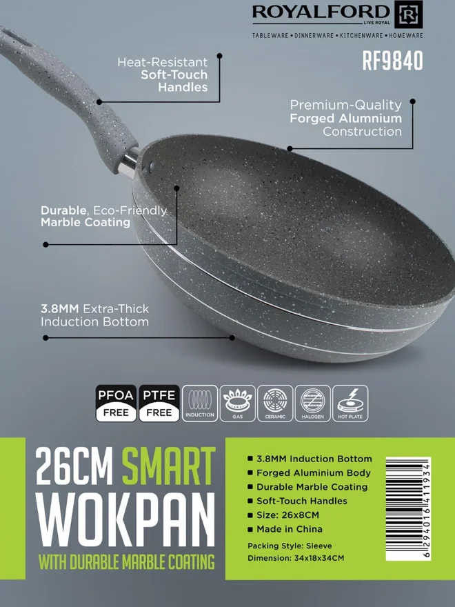 رويال فورد مقلاة ووك ذكية بطلاء رخامي،  سم رمادي