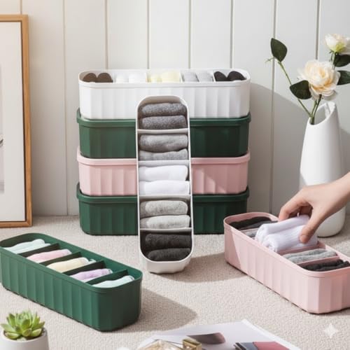 Leawall Plastic drawers organisers Closet Storage Dividers for Underwear, Socks, Bras, Ties, Undergarments, Scarves Socks Tray storage box and organiser storage box wardrobe organiser 5 Grid(4 Pcs) - Image 1