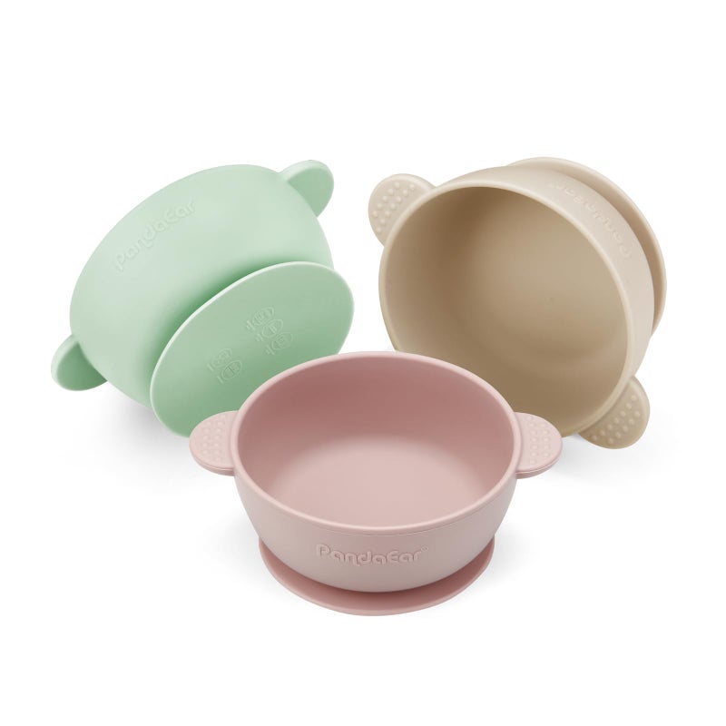 Konssy PandaEar 3 Pack Baby Weaning Bowls| Baby Bowls with Suction| Stay Put Silicone Bowl for Babies Weaning| KidsToddlers Infants Food Feeding Bowls| Grade Soft Safe BPA-Free (Pink Green Light Tan) - Image 1