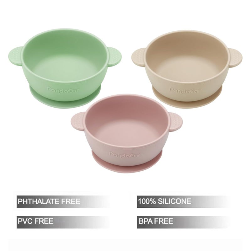 Konssy PandaEar 3 Pack Baby Weaning Bowls| Baby Bowls with Suction| Stay Put Silicone Bowl for Babies Weaning| KidsToddlers Infants Food Feeding Bowls| Grade Soft Safe BPA-Free (Pink Green Light Tan) - Image 2
