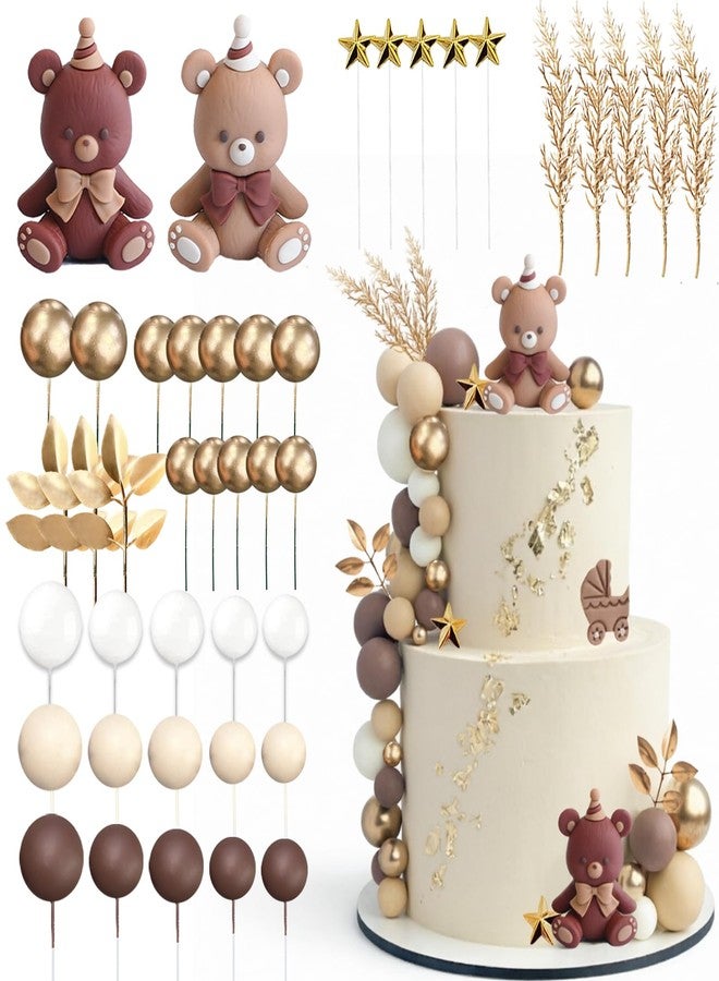 SONICEBUY 42Pcs Bear Balls Cake Toppers Mini Brown Bear Cake Decorations Boho Pearl Ball Cake Toppers for Boy Girl Baby Shower Birthday Gender Reveal Wedding Party Supplies - Image 1