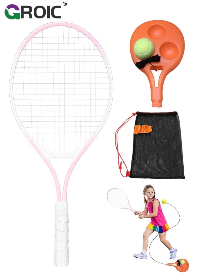 GROIC Kids Tennis Racket, 21-Inch Lightweight Racket in Pink with White Grip, Solo Tennis Trainer with Ball and Mesh Carry Bag, Ideal for Kids Ages 6-12, Beginner-Friendly Tennis Kit, Tennis Trainer Set for Kids - Image 1