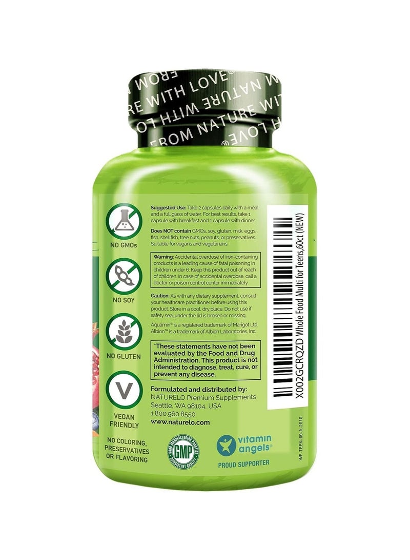 NATURELO Whole Food Multivitamin for Teens to Support Clear Skin, Mental Focus, & Immune Health Dietary Supplement 120 Vegetarian Capsules - Image 2
