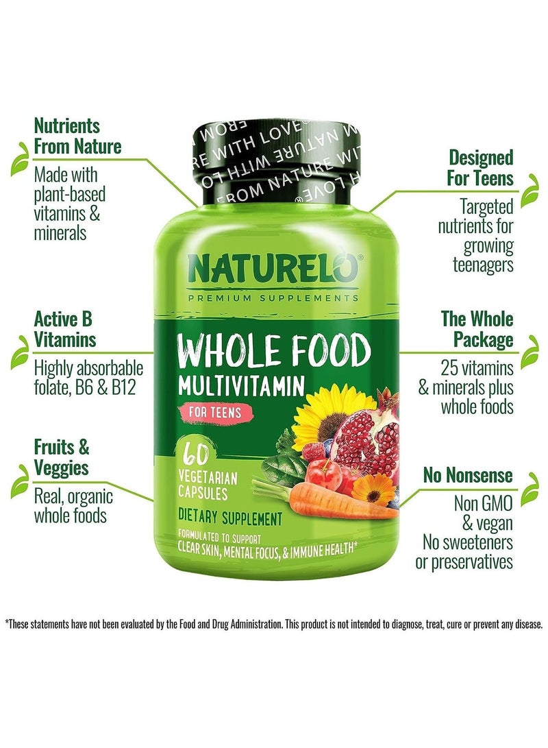 NATURELO Whole Food Multivitamin for Teens to Support Clear Skin, Mental Focus, & Immune Health Dietary Supplement 120 Vegetarian Capsules - Image 4