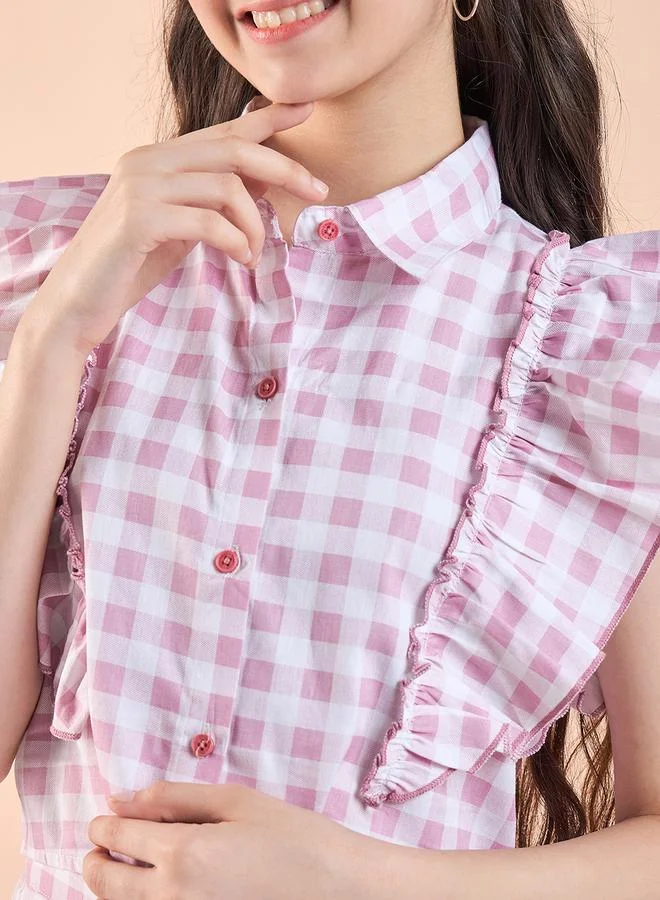 Stylo Bug Checked Print Frill Sleeve Top and Pants Set by Styli