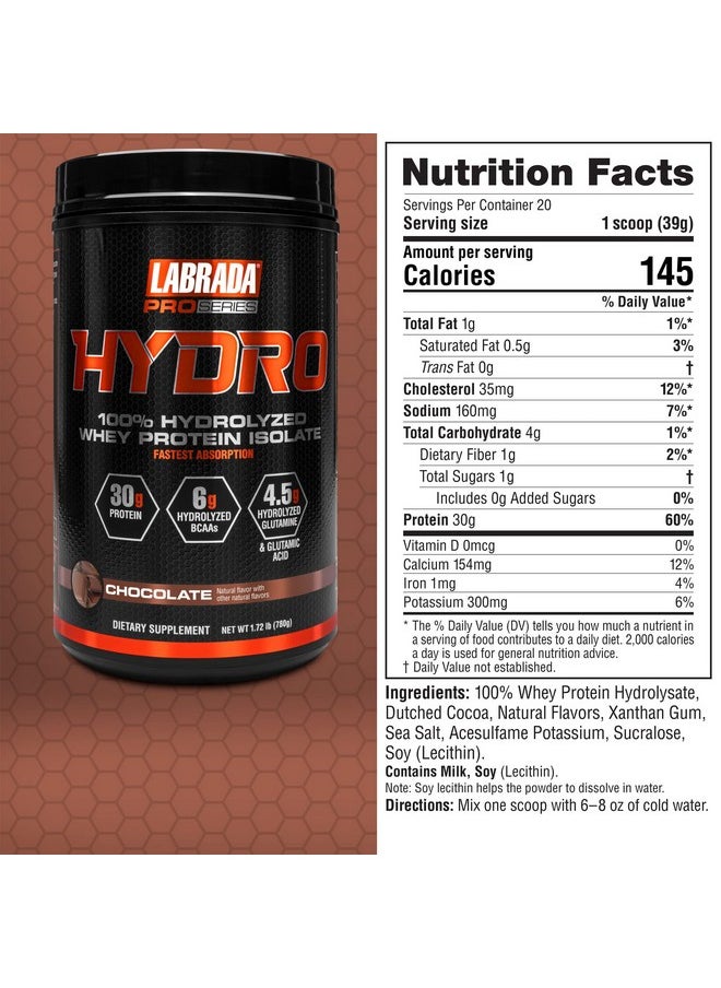 LABRADA - Hydro 100% Pure Hydrolyzed Whey Protein Isolate Powder Lactose Free 6G Bcaa’S 4.5G Glutamine Fastest Digesting Whey Available Instant Mixing Delicious Taste (Chocolate) - Image 1
