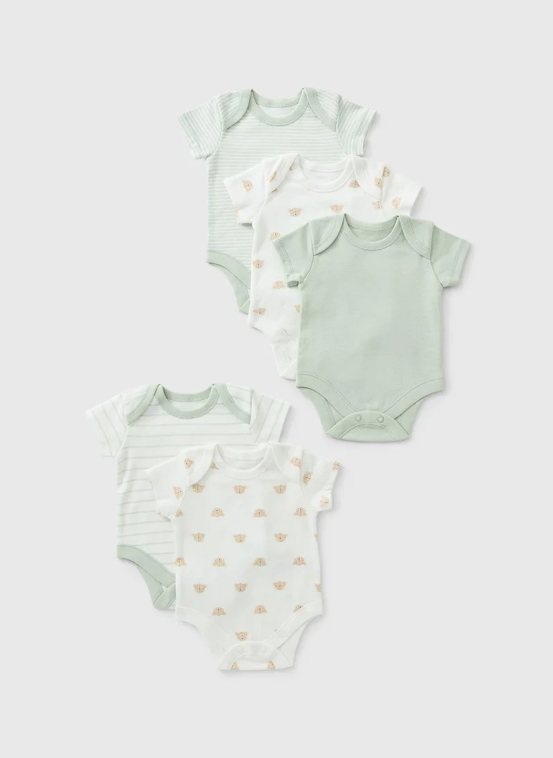Matalan 5 Pack Baby Green Stiped Bear Bodysuits