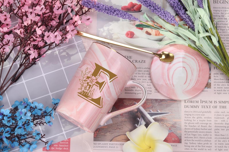 WENSSY Letter E Personalized Initial Mugs with Flower, Letter E Personalized Novelty Coffee Mug, Novelty Letter Coffee Mugs for Women, Bridal Shower Gifts, Women's Initials Gifts Coffee Mug 14 Ounce Pink - Image 2