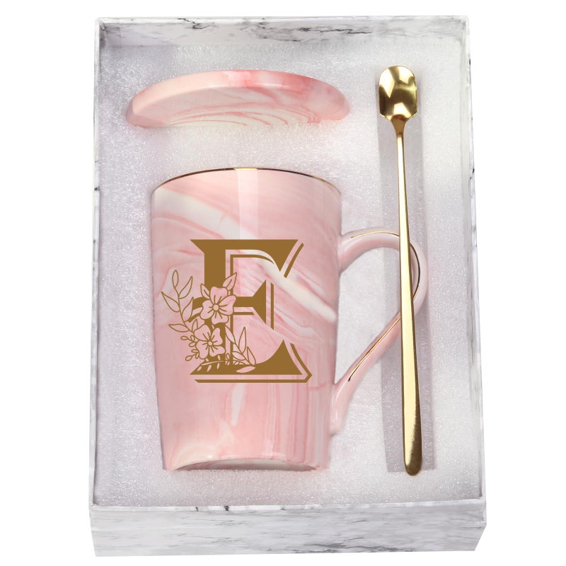 WENSSY Letter E Personalized Initial Mugs with Flower, Letter E Personalized Novelty Coffee Mug, Novelty Letter Coffee Mugs for Women, Bridal Shower Gifts, Women's Initials Gifts Coffee Mug 14 Ounce Pink - Image 1