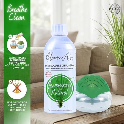 BloomAir Lemongrass Natural Diffuser Oil for Home Fragrance, 1 Litre Refill, Water-Soluble, Strong & Long-Lasting Aroma Infused with 3X Hyper Boost Action for use in Home and Office - Image 5