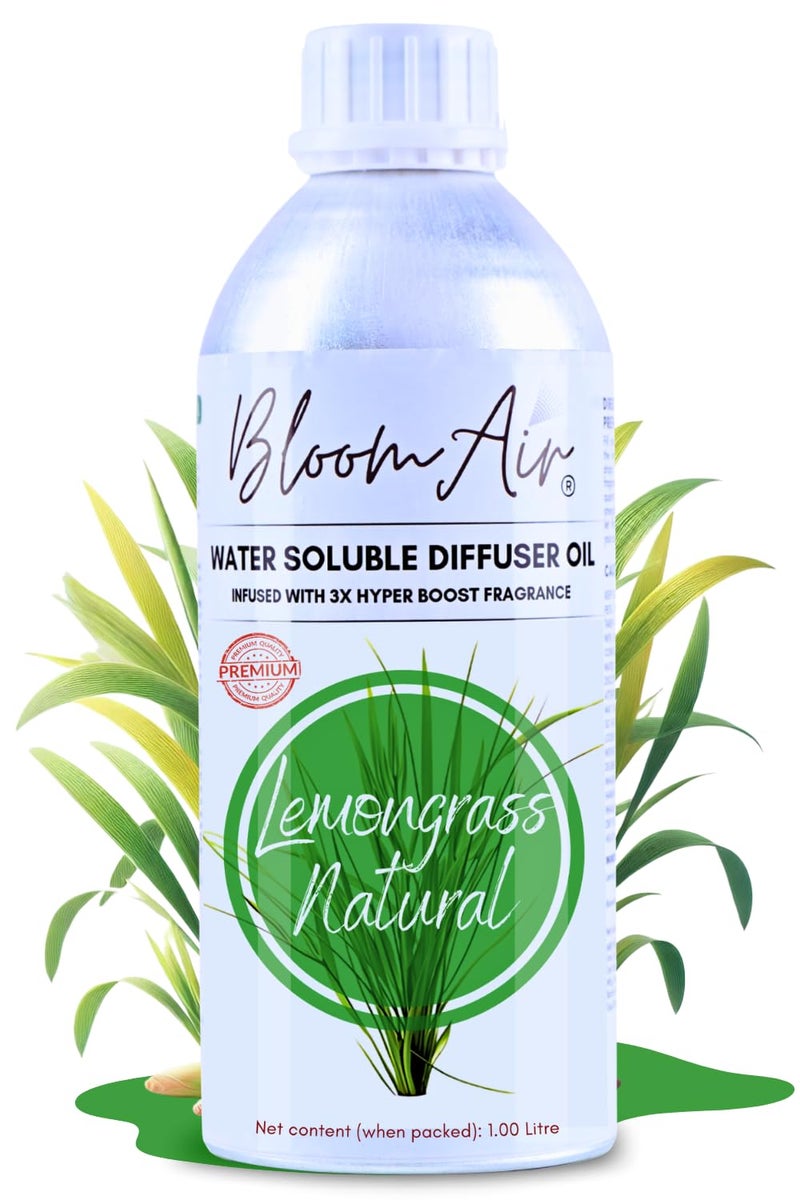 BloomAir Lemongrass Natural Diffuser Oil for Home Fragrance, 1 Litre Refill, Water-Soluble, Strong & Long-Lasting Aroma Infused with 3X Hyper Boost Action for use in Home and Office - Image 1