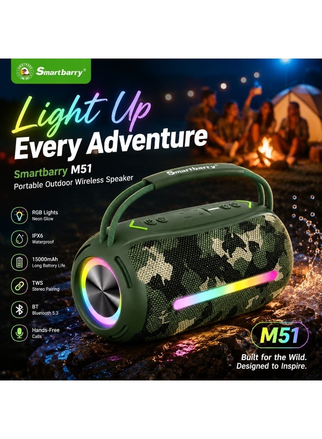 Smartbarry Portable Outdoor Bluetooth Speaker M51, Wireless Waterproof Speaker with RGB Neon Effects, 15000mAh Battery Backup, Extra Bass Audio, Stereo TWS Mode, USB Music Playback & Calls - Image 1