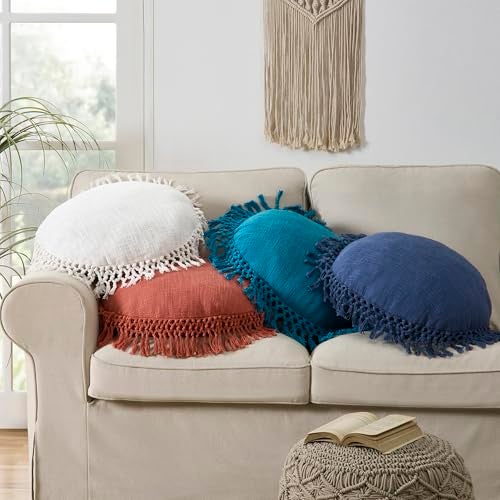 Indigo Ink Round Navy Blue Decorative Throw Pillow with Tassels - 20" x 20" | Cotton Throw Cushion for Couch, Chair, Bed | Cute Home Decor | Soft Plush Filling | Tufted Medallion Collection - Image 5