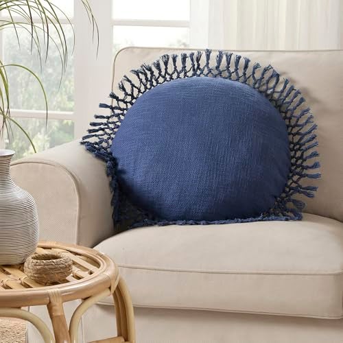Indigo Ink Round Navy Blue Decorative Throw Pillow with Tassels - 20" x 20" | Cotton Throw Cushion for Couch, Chair, Bed | Cute Home Decor | Soft Plush Filling | Tufted Medallion Collection - Image 4