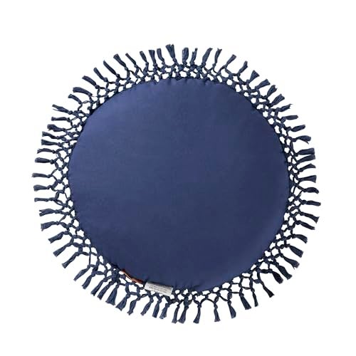 Indigo Ink Round Navy Blue Decorative Throw Pillow with Tassels - 20" x 20" | Cotton Throw Cushion for Couch, Chair, Bed | Cute Home Decor | Soft Plush Filling | Tufted Medallion Collection - Image 2