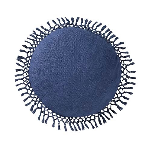 Indigo Ink Round Navy Blue Decorative Throw Pillow with Tassels - 20" x 20" | Cotton Throw Cushion for Couch, Chair, Bed | Cute Home Decor | Soft Plush Filling | Tufted Medallion Collection - Image 1