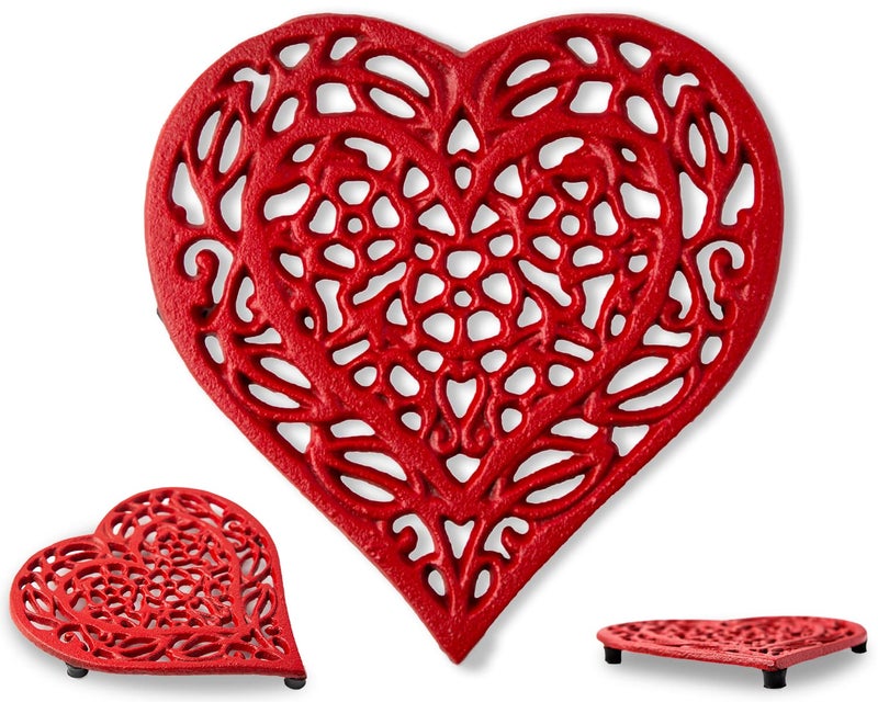 Cast Iron Heart Trivet  Decorative Cast Iron Trivet for Kitchen Countertop Or Dining Table  Vintage Design  675X65  with Rubber PegsFeet  Recycled Metal  Red Color