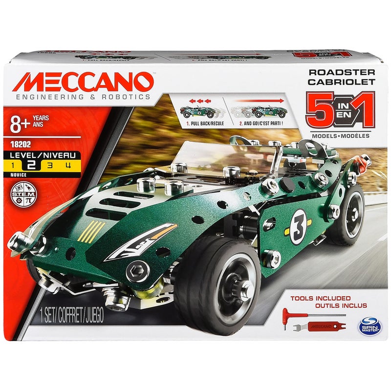 MECCANO by Erector 5 in 1 Roadster Pull Back Car Building Kit, STEM Engineering Education Toy for Ages 8 and up - Image 1