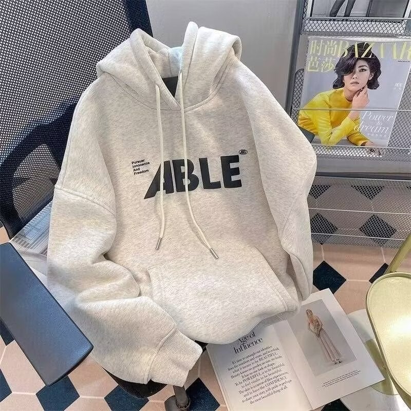 2024 Thick Fleece Hoodie Mens Korean Loose Fashion Light gray fleece-lined 