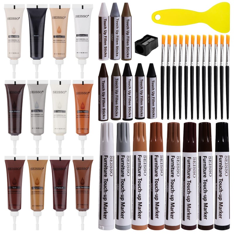 SEISSO Wood Furniture Repair Kit 42 Pcs Wood Filler and Touch Up Markers with Wax Sticks Vinyl Floor Repair Kit for Scratches Cracks Holes Discoloration for Door Stain Floor Table Cabinet