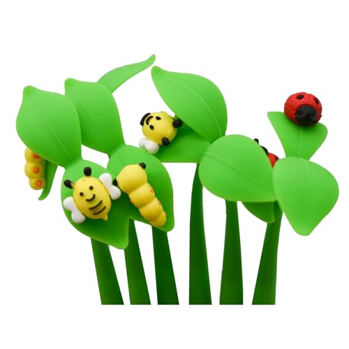 Lopenle 6 PCS Novelty Leaf Bendable Pens Simulation Floral Insects Pen Ladybugs Pens Silicone Plant Pen With Black Ink 0.5mm For School Office Home Stationery Store - Image 2