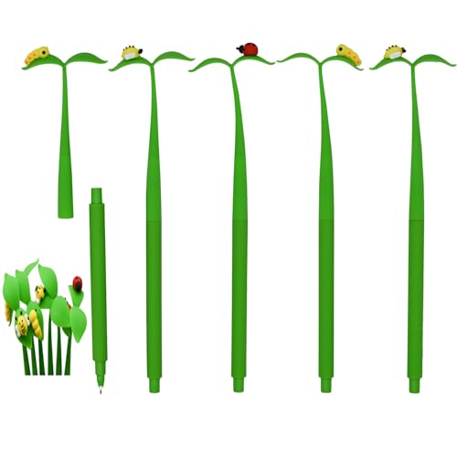 Lopenle 6 PCS Novelty Leaf Bendable Pens Simulation Floral Insects Pen Ladybugs Pens Silicone Plant Pen With Black Ink 0.5mm For School Office Home Stationery Store - Image 1