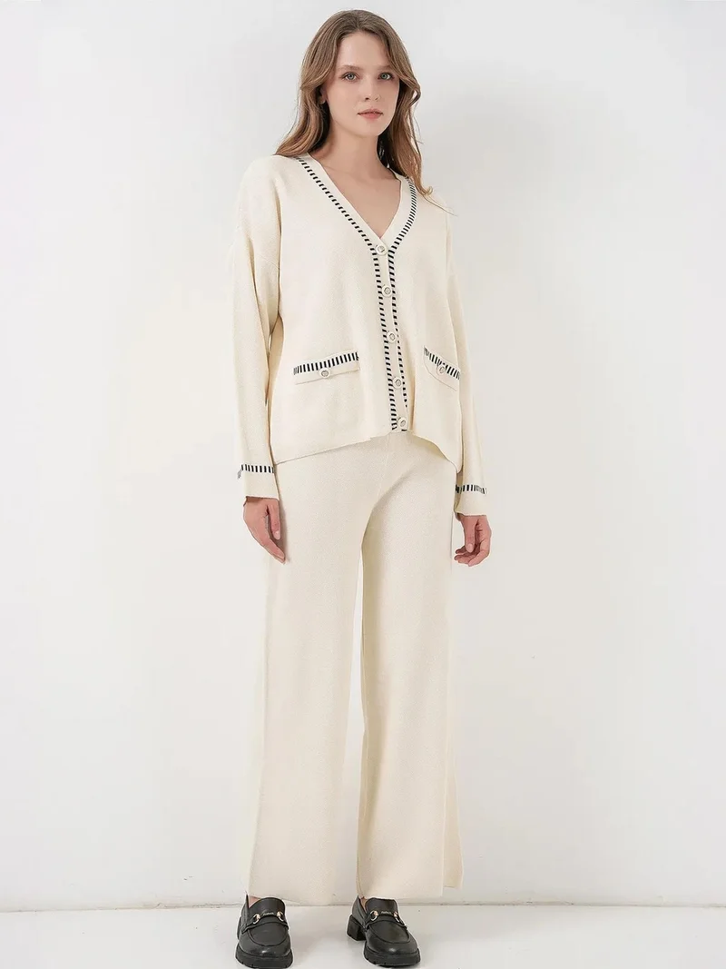بيغ دارت BDART Textured V-Neck Knitwear Cardigan and Wide Leg Pants Set