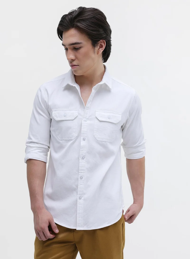 CAHOOT Men's White Self Design Regular Shirt For Casual Wear | Collared Neck | Long Sleeve | Button Closure | Cotton Shirt Crafted With Comfort Fit For Everyday Wear