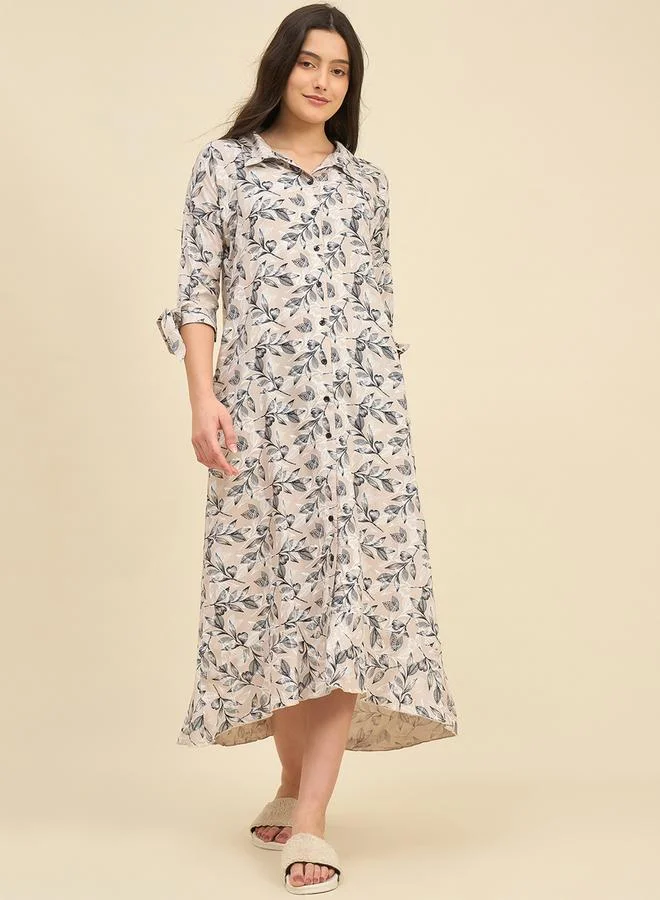 Take Two Beige Floral Viscose Rayon Nightdress By The Kaftan Company