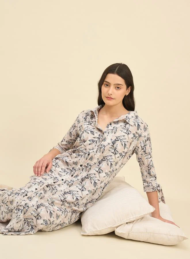 Take Two Beige Floral Viscose Rayon Nightdress By The Kaftan Company