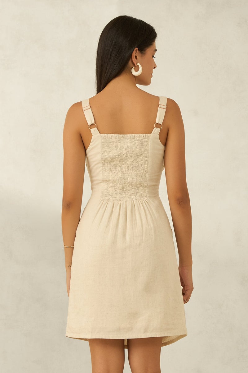 Virgio Solid Linen Side Ruched Bodycon Mini Dress for Women - Image 3