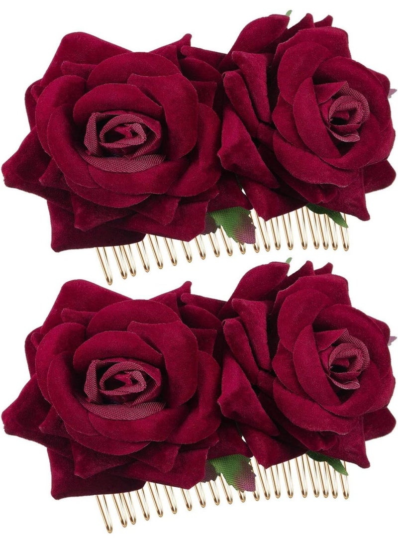 ChicAbode 2 Pack Rose Flower Hair Clip Women Rose Flowers Hair Accessories Wedding Hair Clip Flamenco Dancer for Women Girls, Ball Party Masquerade and Cosplay (Dark Red) - Image 1