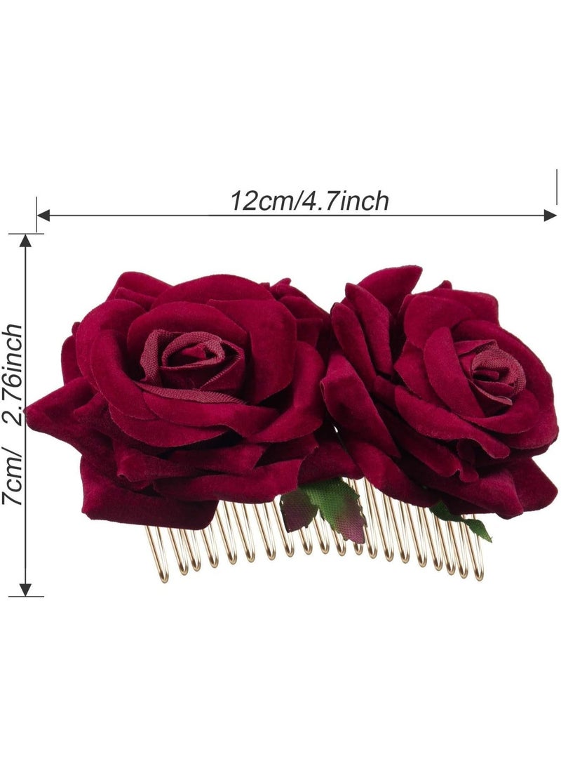ChicAbode 2 Pack Rose Flower Hair Clip Women Rose Flowers Hair Accessories Wedding Hair Clip Flamenco Dancer for Women Girls, Ball Party Masquerade and Cosplay (Dark Red) - Image 3