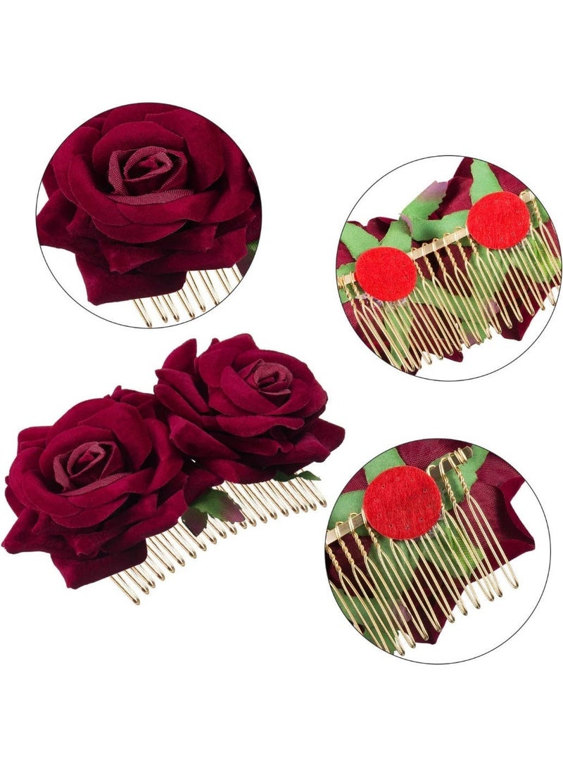 ChicAbode 2 Pack Rose Flower Hair Clip Women Rose Flowers Hair Accessories Wedding Hair Clip Flamenco Dancer for Women Girls, Ball Party Masquerade and Cosplay (Dark Red) - Image 4
