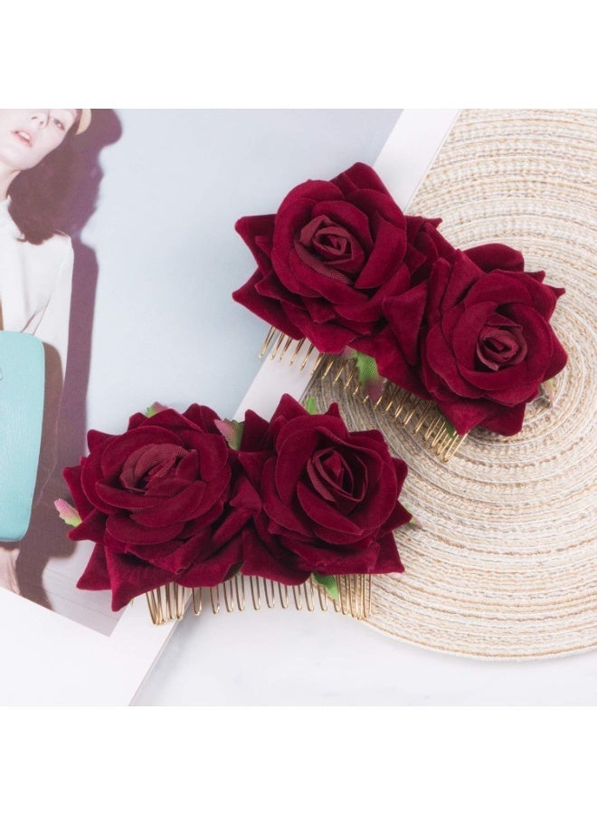 ChicAbode 2 Pack Rose Flower Hair Clip Women Rose Flowers Hair Accessories Wedding Hair Clip Flamenco Dancer for Women Girls, Ball Party Masquerade and Cosplay (Dark Red) - Image 5