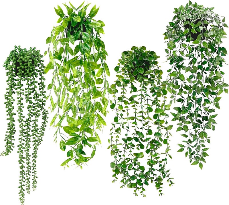 Antole Artificial Hanging Plants for Shelf, 4 Pack Faux Potted Greenery, Eucalyptus Vine, Mandala Vine, String of Pearls, Pea Pod Leaves with Pot for Indoor Outdoor Office Living Room Bathroom Decor - Image 1
