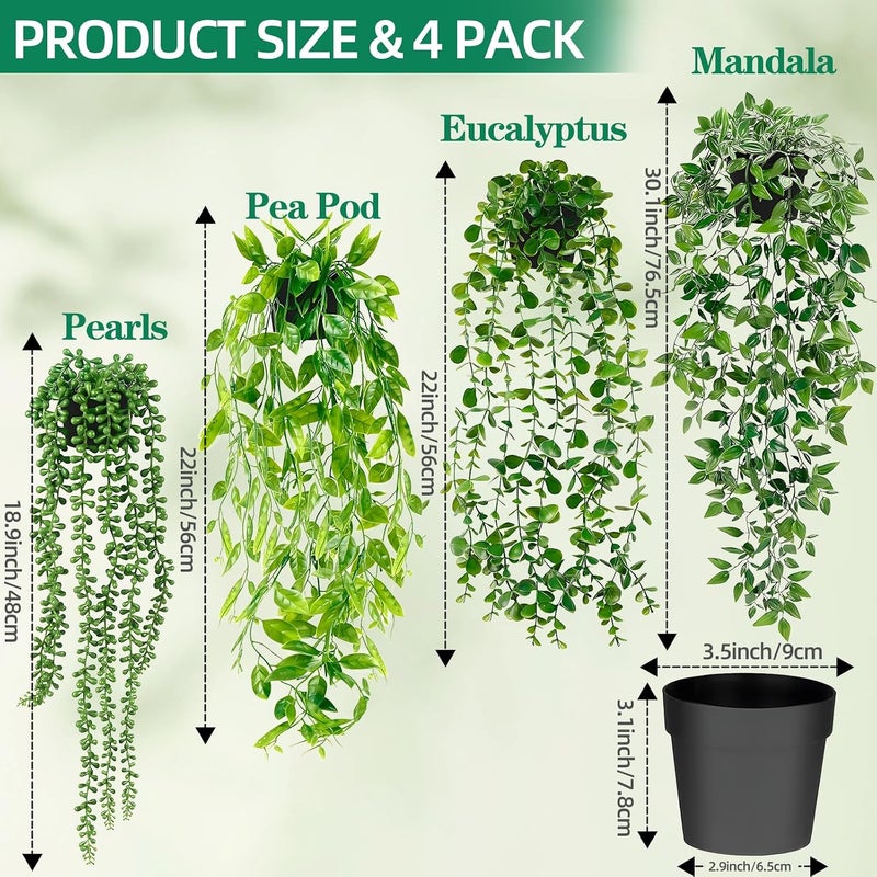Antole Artificial Hanging Plants for Shelf, 4 Pack Faux Potted Greenery, Eucalyptus Vine, Mandala Vine, String of Pearls, Pea Pod Leaves with Pot for Indoor Outdoor Office Living Room Bathroom Decor - Image 2