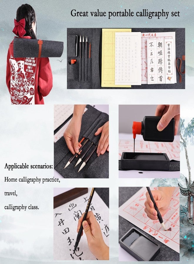 Buart Portable Chinese Calligraphy Set For beginner, Brush Ink Writing Paper Inkstone Sumi set with Roll-up Felt Mat For Chinese Calligraphy class (12pcs set) - Image 4
