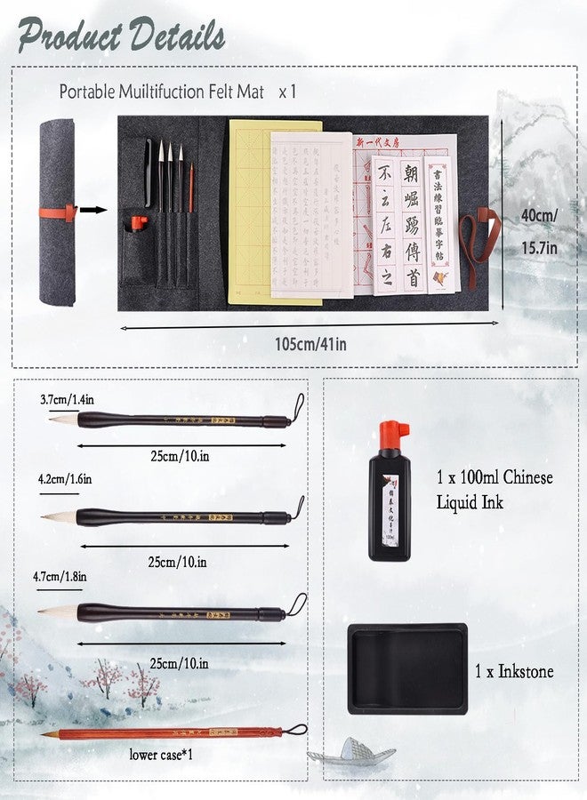 Buart Portable Chinese Calligraphy Set For beginner, Brush Ink Writing Paper Inkstone Sumi set with Roll-up Felt Mat For Chinese Calligraphy class (12pcs set) - Image 2