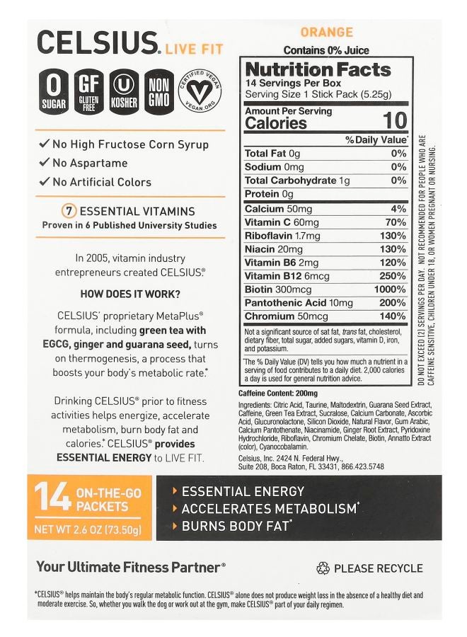 CELSIUS Live Fit Orange 14 On-The-Go Packets 0.19 oz (5.25 g) Each - Image 2